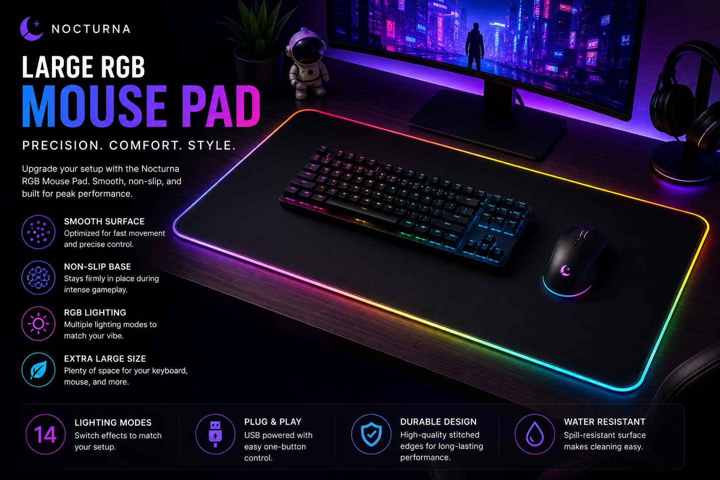 🌙 Nocturna™ RGB Gaming Mouse Pad